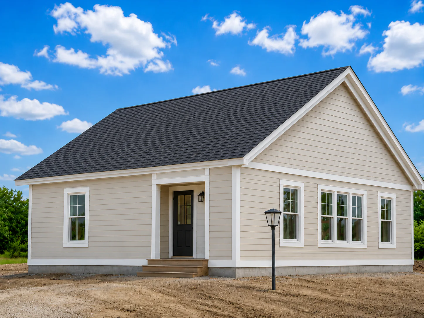 The finished home with a completed architectural shingle roof.